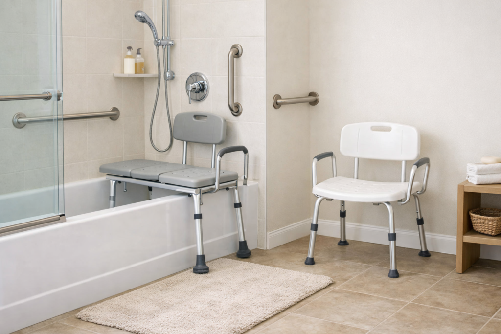 Shower transfer bench positioned half inside and half outside a bathtub next to a shower chair with grab bars for senior bathroom safety.