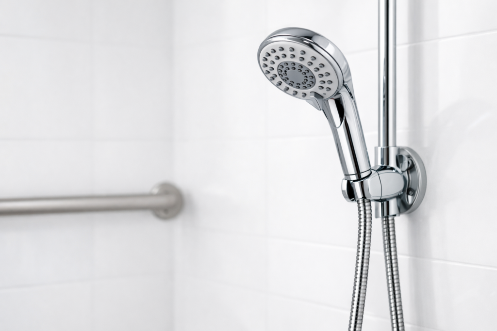 Close-up of a chrome handheld shower head with a long hose in a bright white modern shower, with a subtle grab bar in the background, Caption: Handheld shower head with long hose in a modern, senior-friendly shower setup