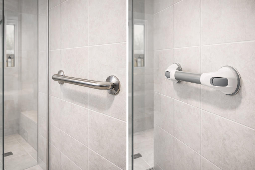 Comparison of a permanently installed grab bar and a suction grab bar mounted on bathroom walls
