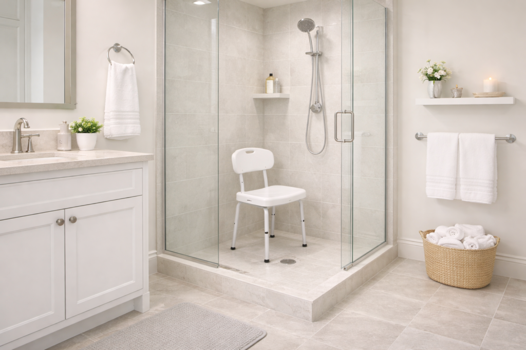 Compact shower chair for small bathrooms to improve safety and stability