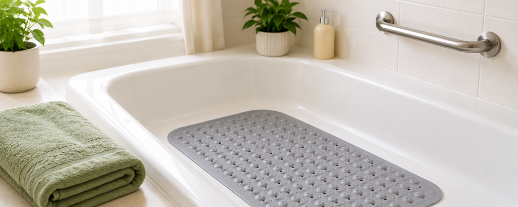 Modern bathroom with a non-slip bath mat inside a bathtub, grab bar, and bright senior-friendly design for safer bathing.