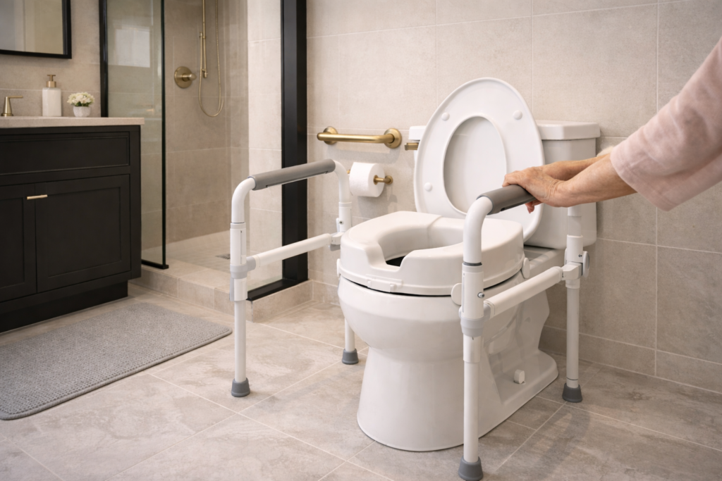Senior using toilet safety rails in a modern bathroom for stability and safe bathroom support