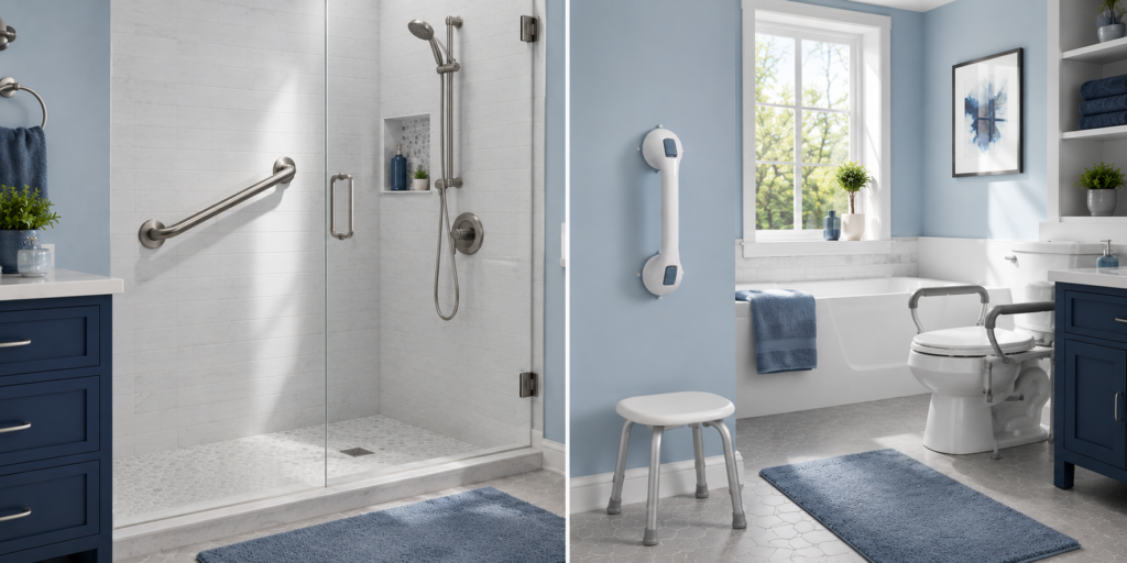 Modern accessible bathroom featuring a permanent grab bar in a walk-in shower and a suction grab bar mounted near a bathtub, showcasing two common bathroom safety solutions.