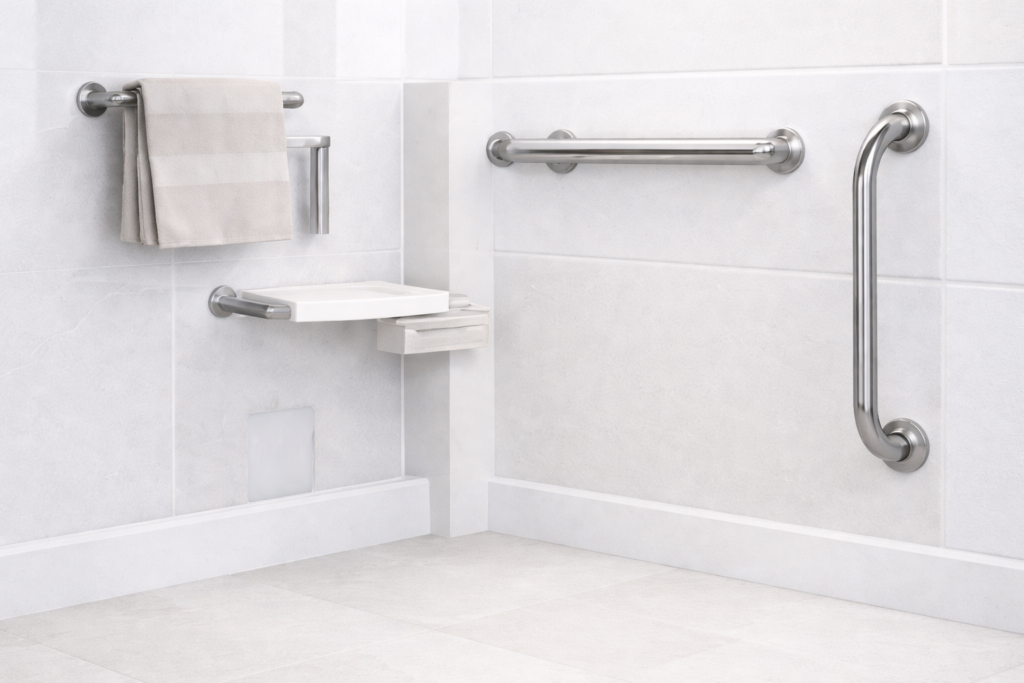 Stainless steel grab bar mounted on a shower wall in a residential bathroom