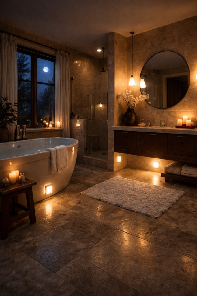 Luxury bathroom at night with soft motion sensor lighting for senior safety