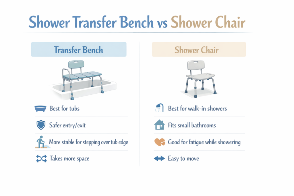 Shower transfer bench vs shower chair visual comparison chart for seniors