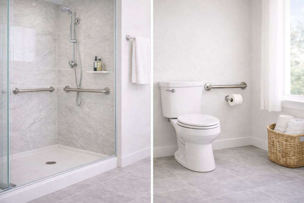 Stainless steel grab bars properly installed inside a shower and beside a toilet in a residential bathroom
