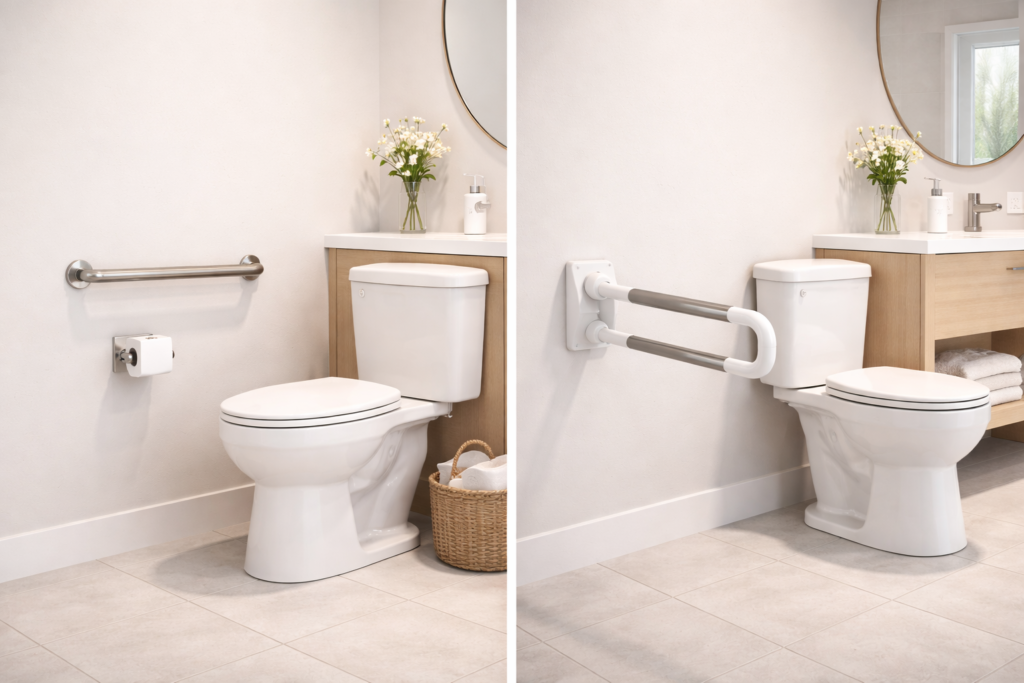 Comparison of a fold-down grab bar and a fixed grab bar installed near a toilet in a residential bathroom