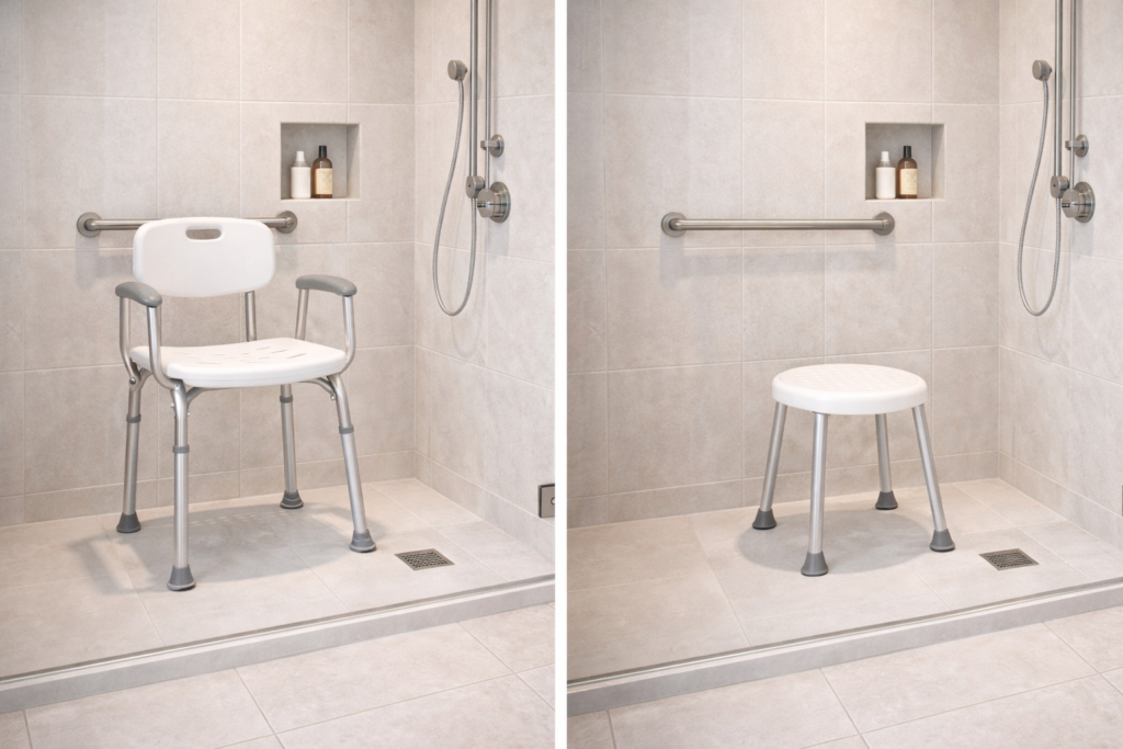 Side-by-side view of a luxury walk-in shower showing a shower chair with arms on the left and a round shower stool on the right, set in a neutral white, beige, and light gray bathroom.