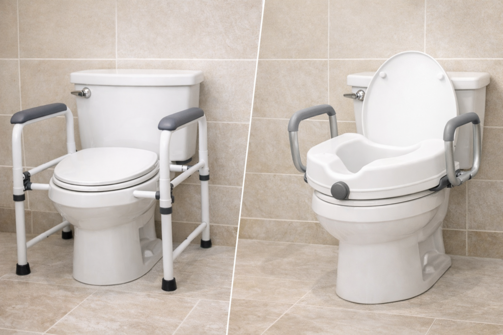 Toilet safety rails and a raised toilet seat shown in a neutral home bathroom