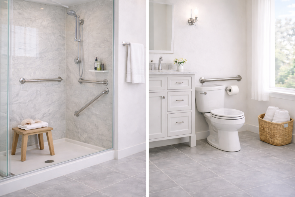 Residential bathroom showing securely installed grab bars in a shower and beside a toilet