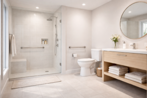 Safe residential bathroom setup designed to reduce fall risks for seniors living alone