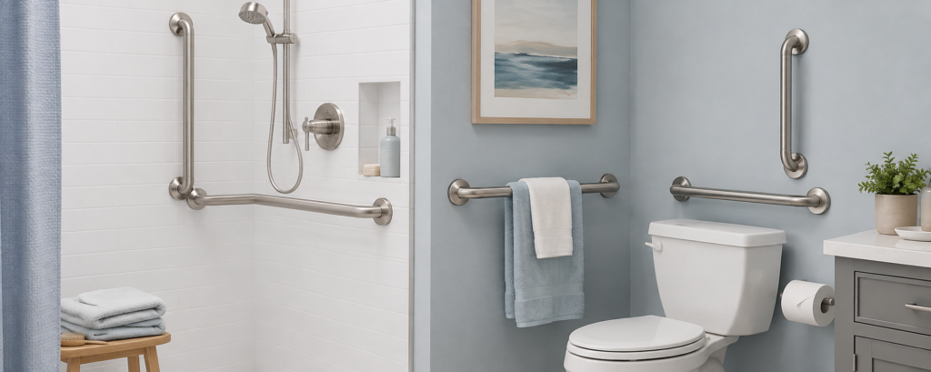 Modern senior-friendly bathroom with grab bars installed beside the toilet and inside the shower for added safety and stability.