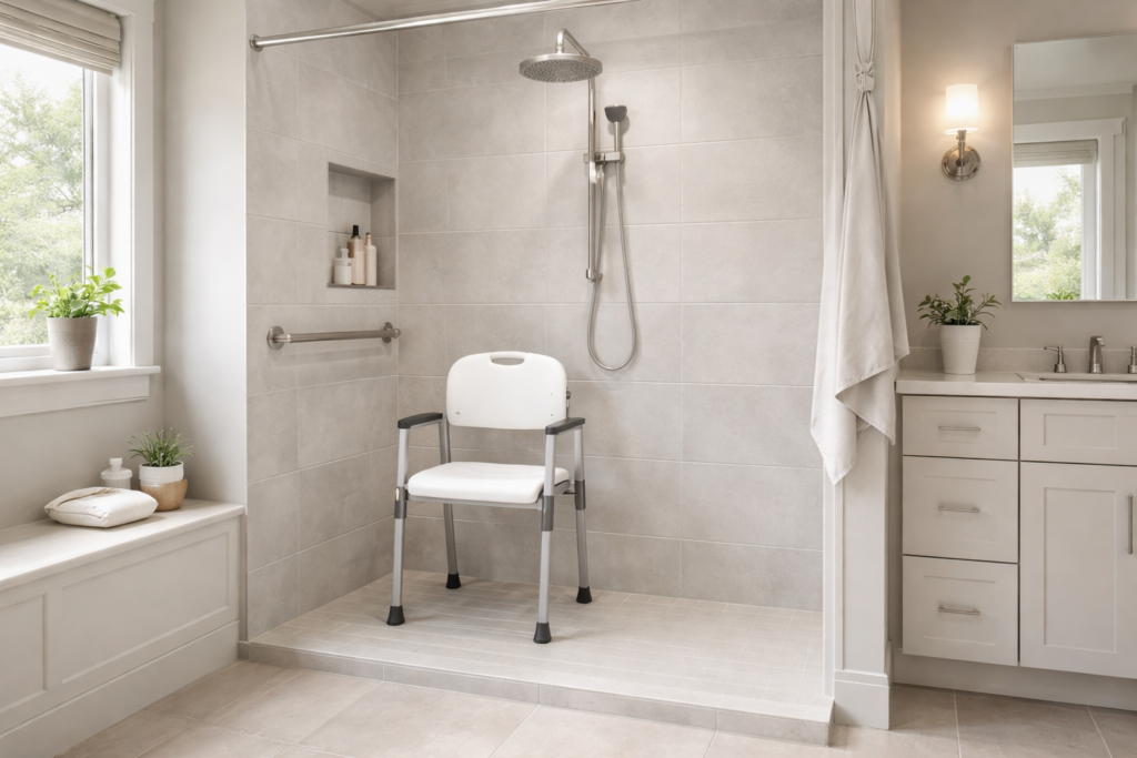 Best shower chair for seniors placed in a walk-in shower for safe bathing