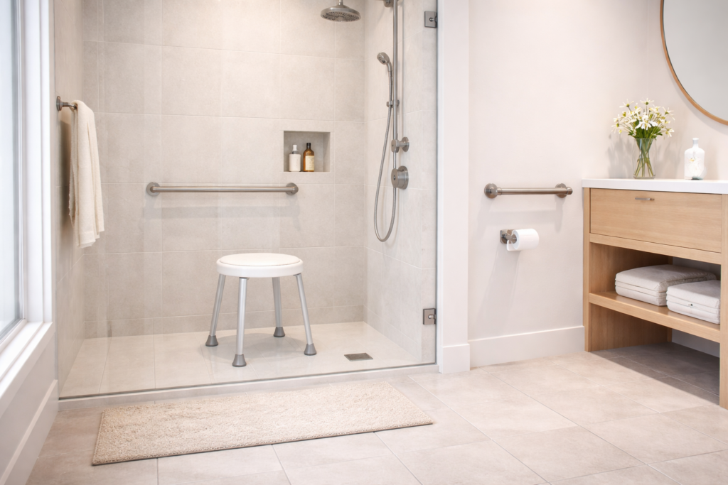 Comparison of a shower chair and a shower stool inside a residential bathroom