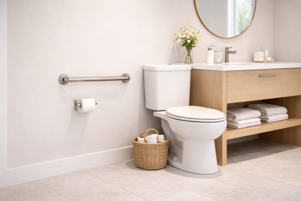 Bathroom grab bar installed near a toilet in a residential bathroom
