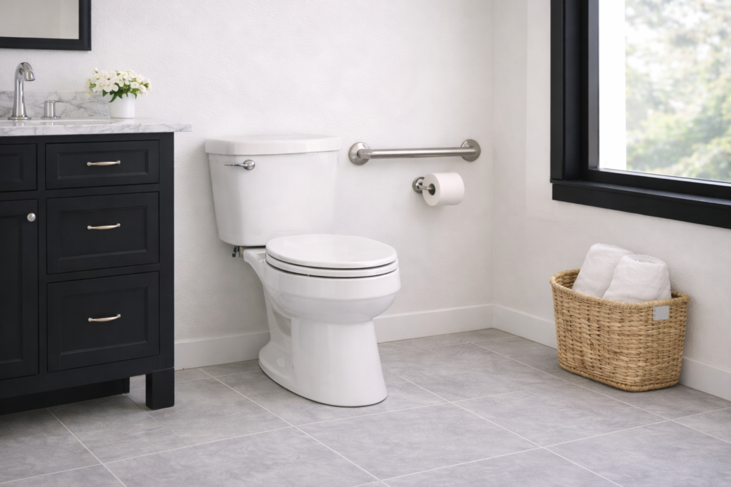 Grab bar installed horizontally on the wall beside a toilet in a residential bathroom