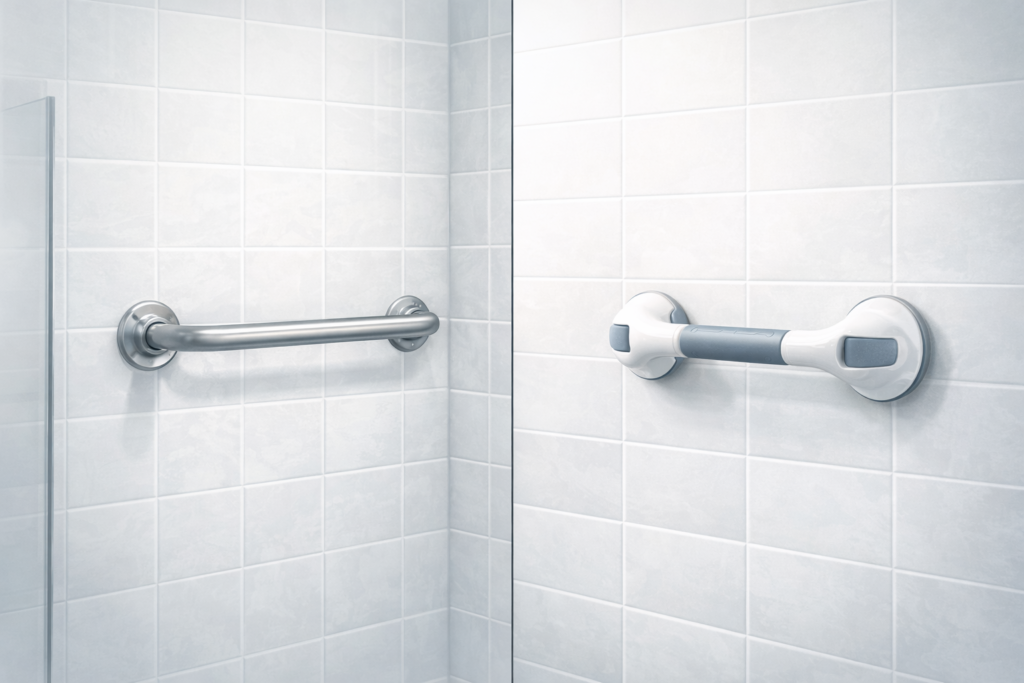 Comparison showing a wall-mounted grab bar installed in a shower wall and a suction grab bar attached to tile
