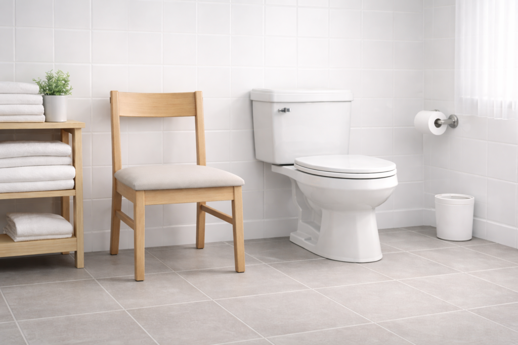 Residential bathroom showing a toilet next to a chair to compare toilet height