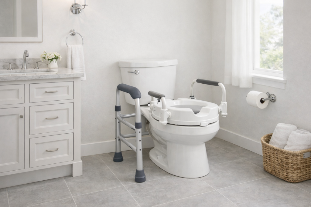 Bathroom toilet showing a toilet safety frame and toilet safety rails for comparison