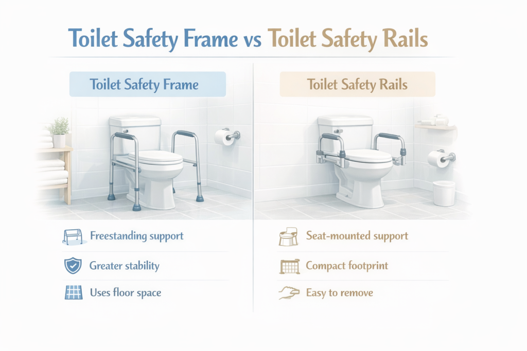 Comparison of a toilet safety frame and toilet safety rails in a residential bathroom