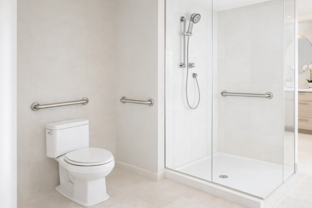 modern bathroom with grab bars installed near shower and toilet