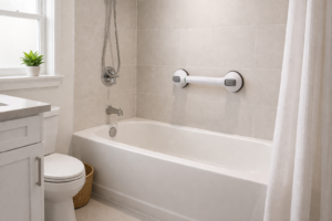 Small stand-up shower with suction grab bar installed on tile wall in a bright modern bathroom