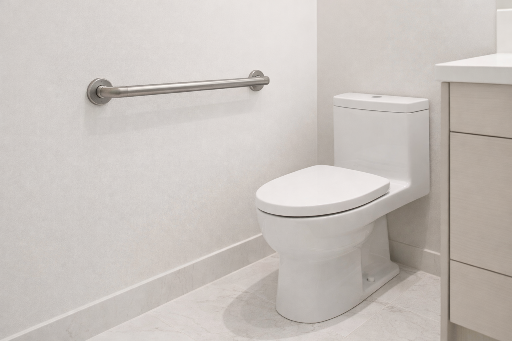 stainless steel bathroom grab bar mounted securely beside toilet