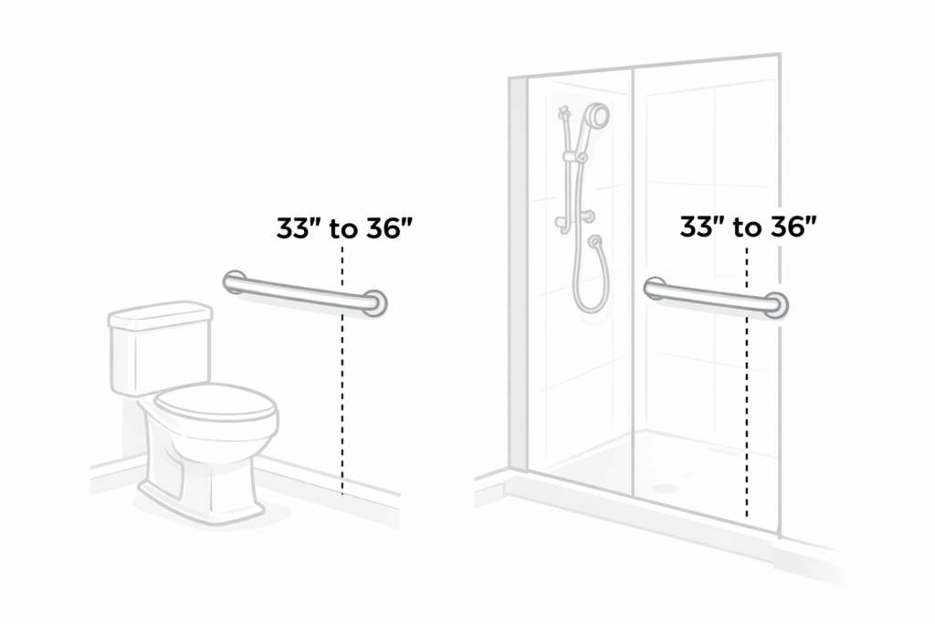 recommended bathroom grab bar height diagram showing ADA 33 to 36 inch installation range