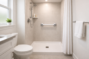 Wide view of a small modern bathroom with walk-in shower and suction grab bar installed on tiled wall