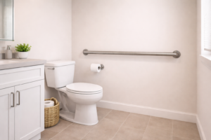 Close-up of a bathtub with a temporary suction grab bar mounted on tiled wall in a clean modern bathroom