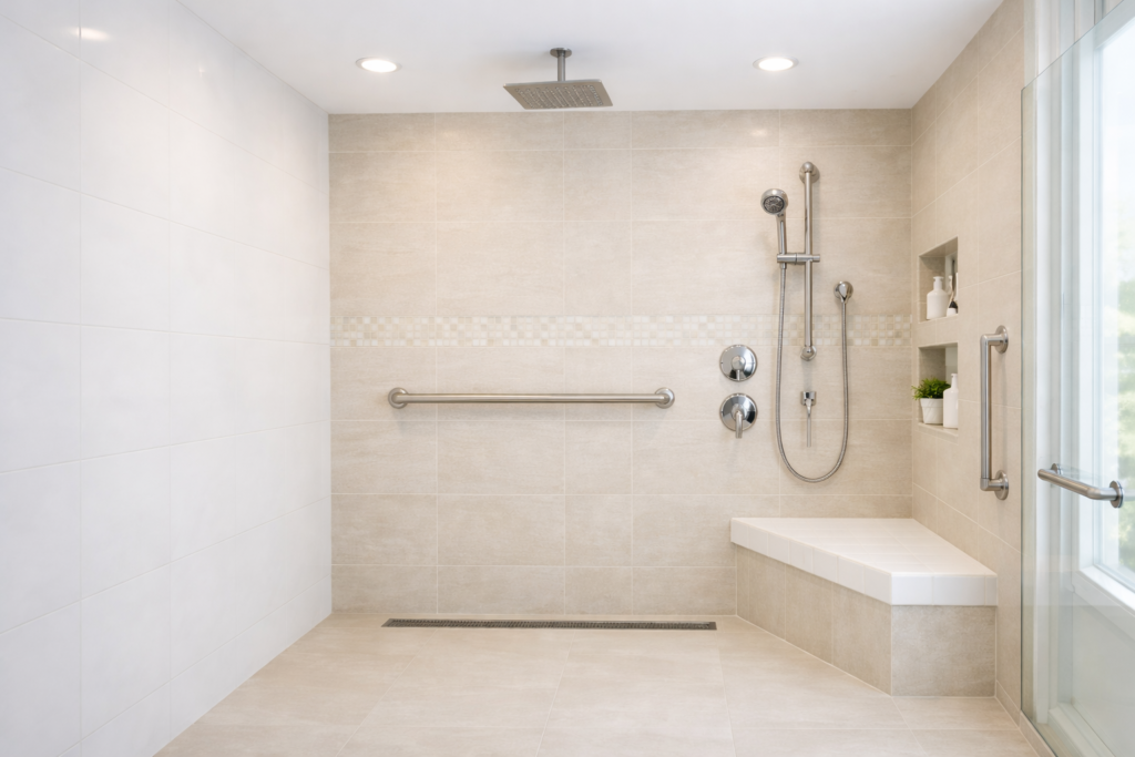 modern walk in shower with horizontal and vertical grab bars installed for safety