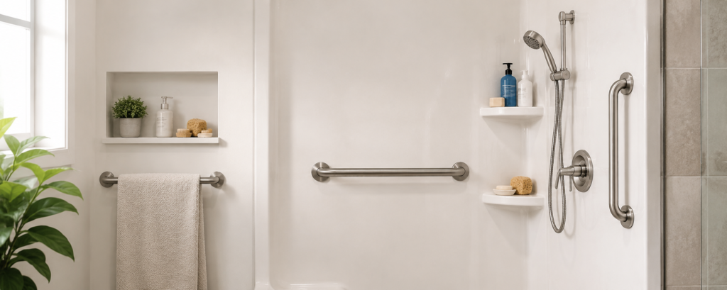 Modern fiberglass shower with securely mounted stainless steel grab bars for bathroom safety and accessibility.
