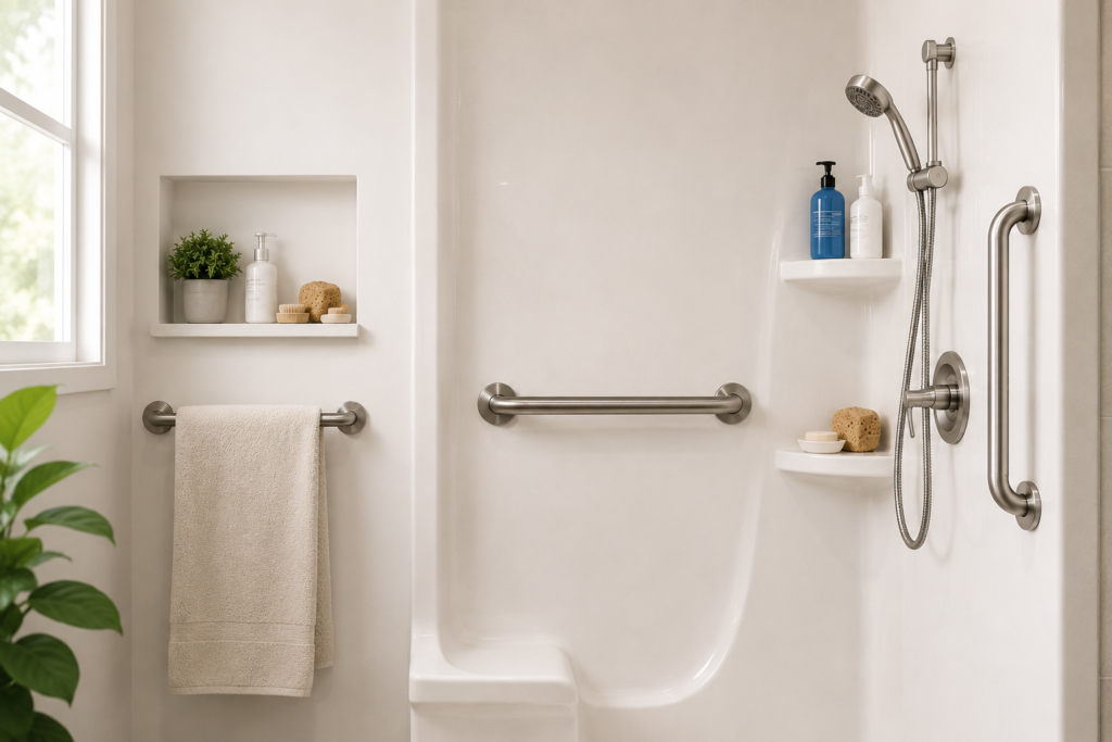 Fiberglass shower with mounted stainless steel grab bars designed for safe bathroom accessibility.
