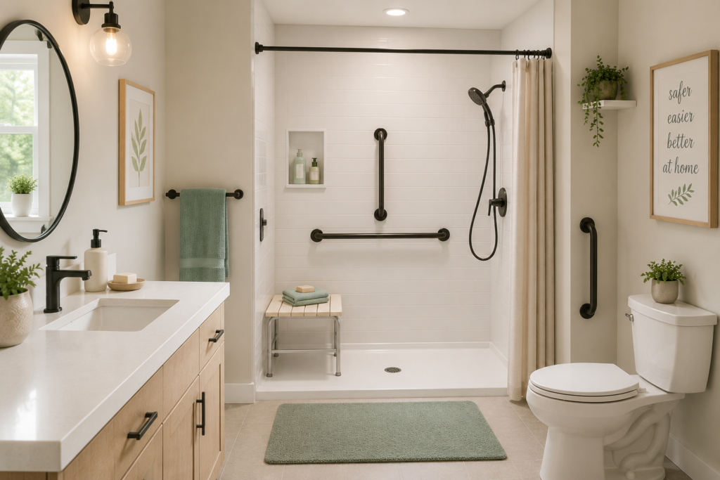 Senior-friendly bathroom with grab bars, walk-in shower, shower seat, and soft lighting designed for safer aging in place.