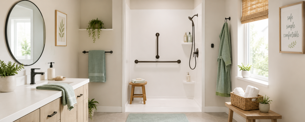 Modern senior-friendly bathroom with grab bars, walk-in shower, soft lighting, and aging in place safety features.