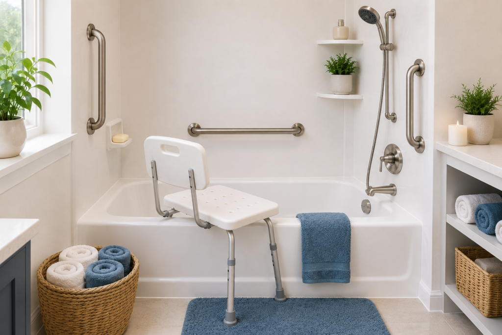 Bright modern bathtub with grab bars and transfer bench designed for senior bathroom safety.