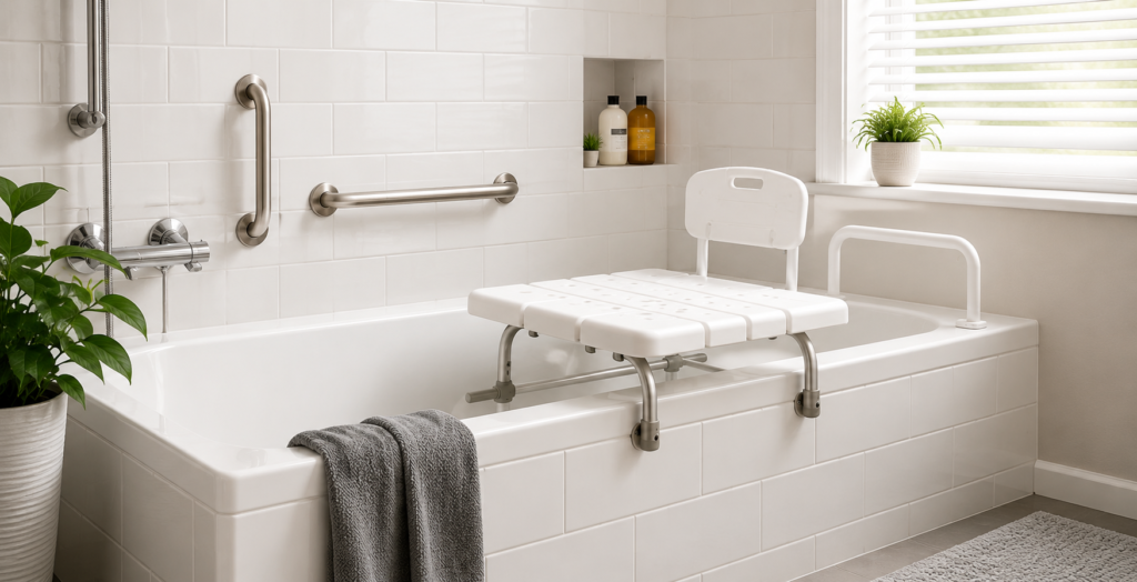 Modern accessible bathtub with grab bars, transfer bench, and non-slip bathroom safety features for seniors.