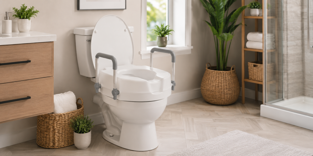 Toilet seat riser with handles installed on a toilet in a modern senior-friendly bathroom