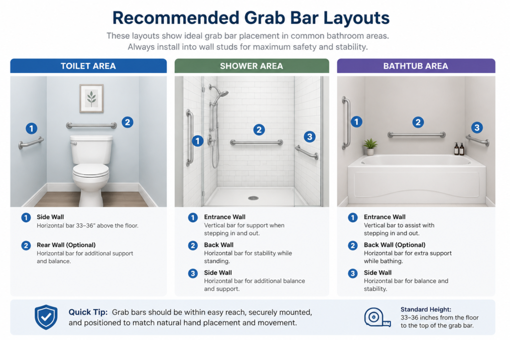 Diagram showing recommended grab bar placement near the toilet, shower, and bathtub for seniors to improve bathroom safety and stability.