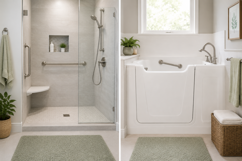 Walk-in shower and walk-in tub shown side by side in a bright, modern senior-friendly bathroom.