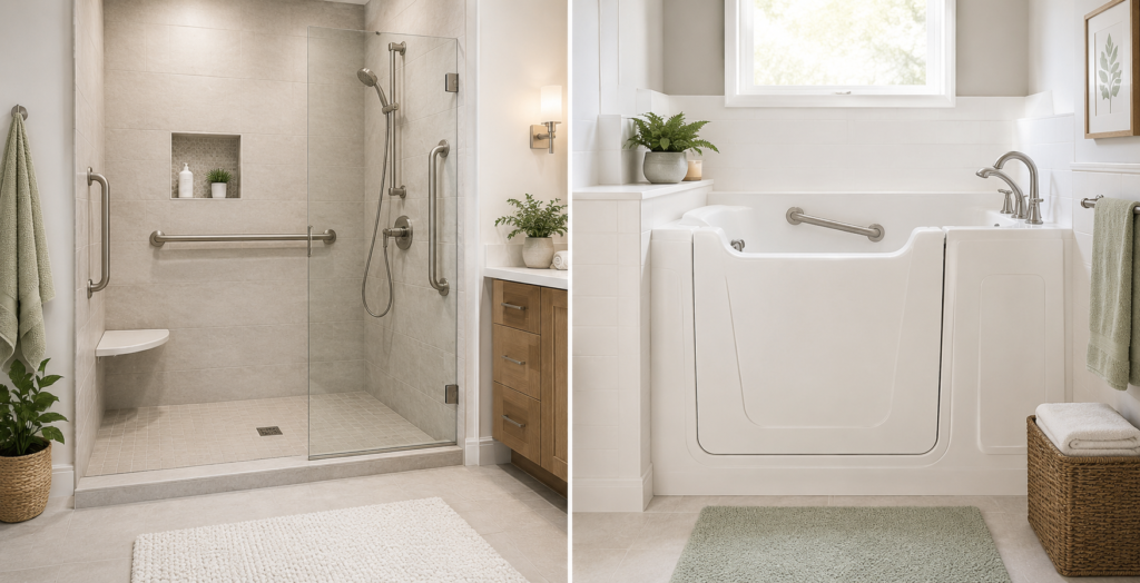 Modern bathroom featuring a walk-in shower and a walk-in tub side by side to compare accessibility and safety features for seniors.