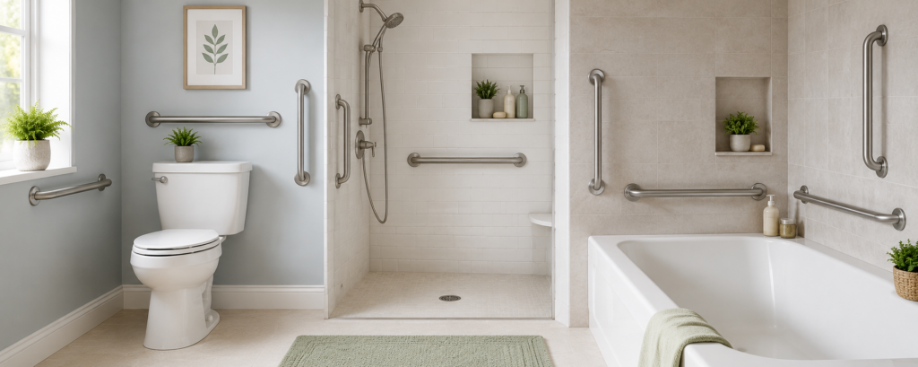 Modern accessible bathroom with grab bars installed around the toilet, walk-in shower, and bathtub to improve safety and stability for seniors.